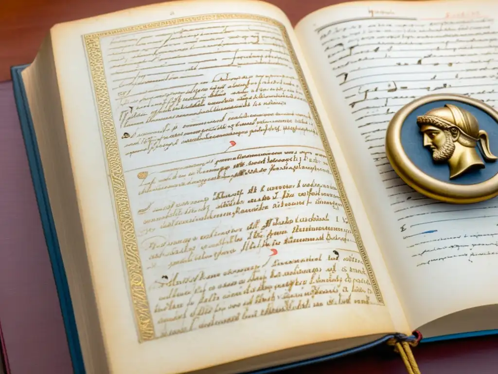 Manuscrito de 'El Banquete' de Platón y su influencia en psicología moderna Manuscrito detallado de 'El banquete' de Platón junto a un libro de psicología que destaca la influencia de Platón en teorías modernas