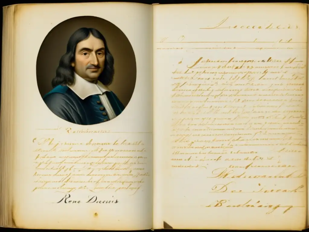 Manuscrito envejecido de René Descartes, mostrando su meticulosa toma de decisiones asertivas filosofía y su profundo razonamiento analítico