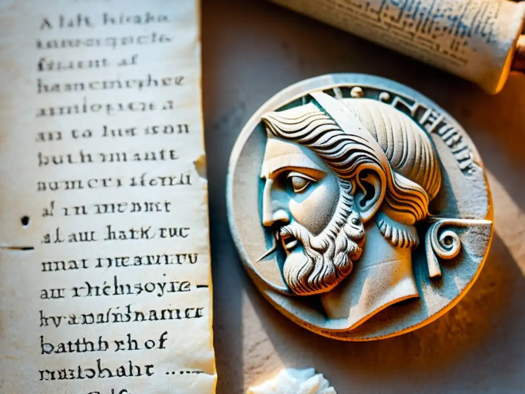 Manuscrito filosófico griego antiguo en pergamino con monedas y busto de filósofo, emitiendo una cálida luz