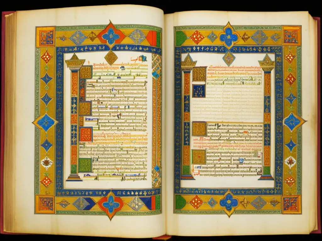 Manuscrito iluminado del Avesta con colores vibrantes y escena de adoración zoroastriana