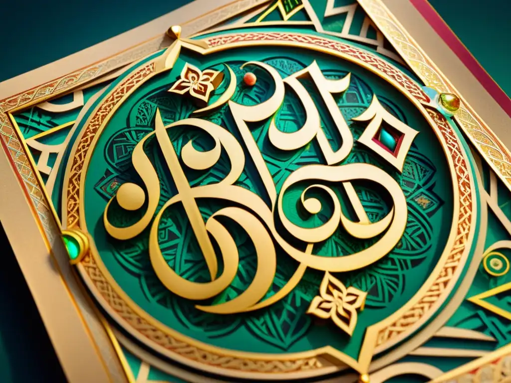 Manuscrito iluminado con caligrafía árabe y diseños geométricos, deslumbrante y complejo, que muestra las virtudes de la vida filosófica islámica