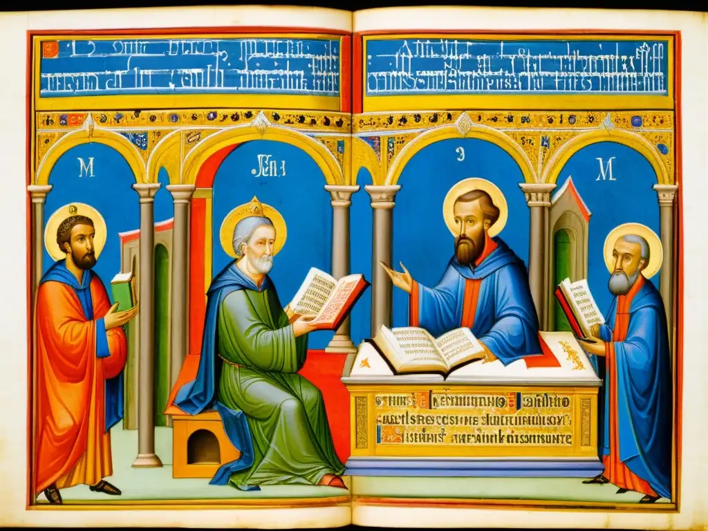 Un manuscrito iluminado medieval muestra a eruditos debatiendo, rodeados de libros antiguos y instrumentos científicos