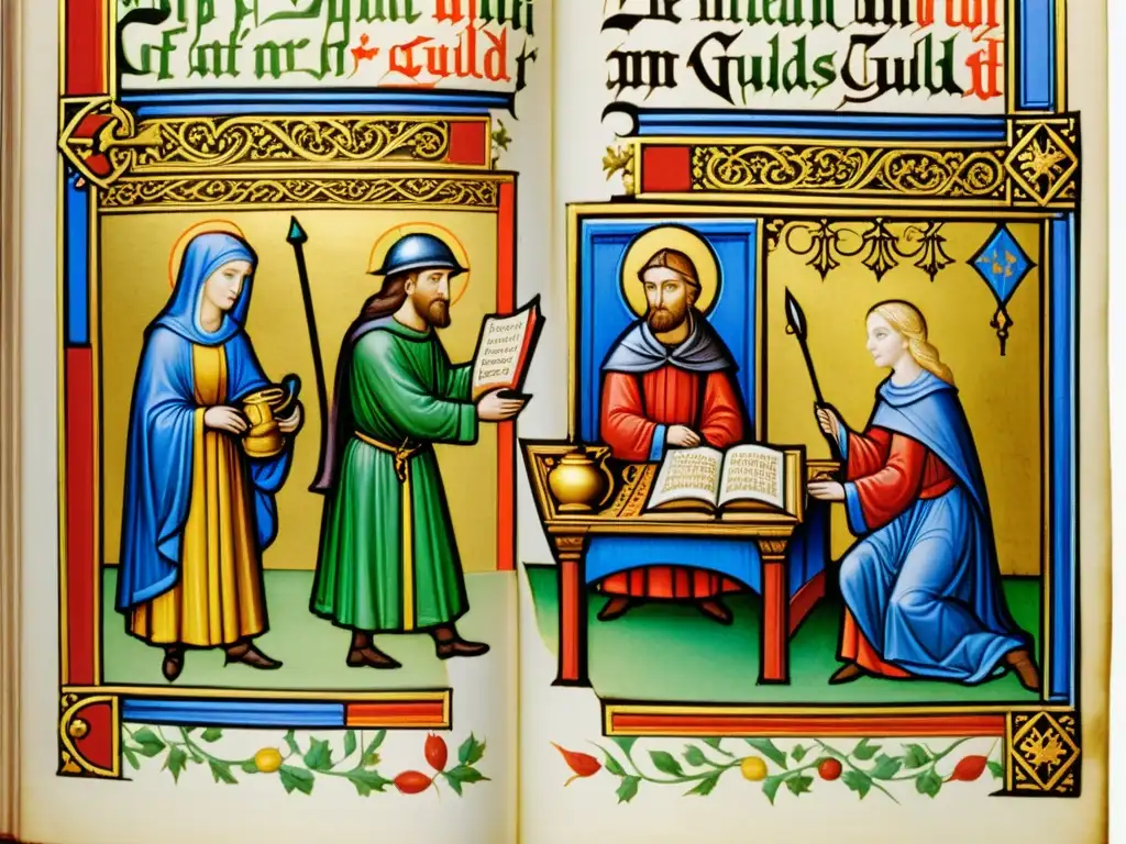 Manuscrito iluminado medieval muestra la ética del trabajo en gremios con detalles vibrantes y escenas de labor diligente