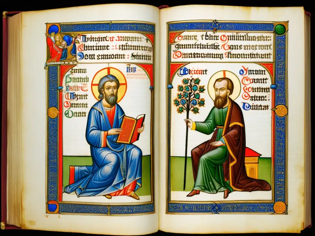 Manuscrito iluminado del siglo XIII con debate filosófico entre realismo y nominalismo en la Edad Media