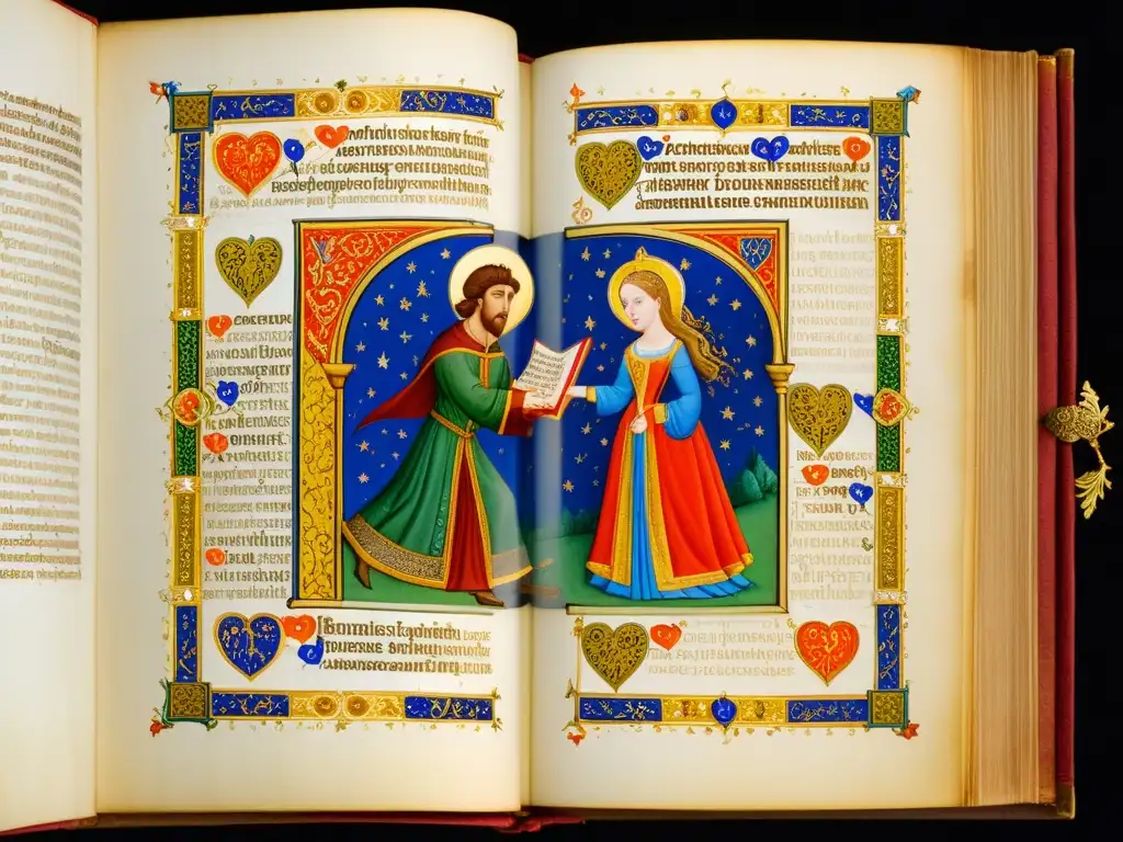 Manuscrito iluminado vibrante que representa la Filosofía del Amor en Poesía Trovadoresca, con detalles intrincados y colores ricos