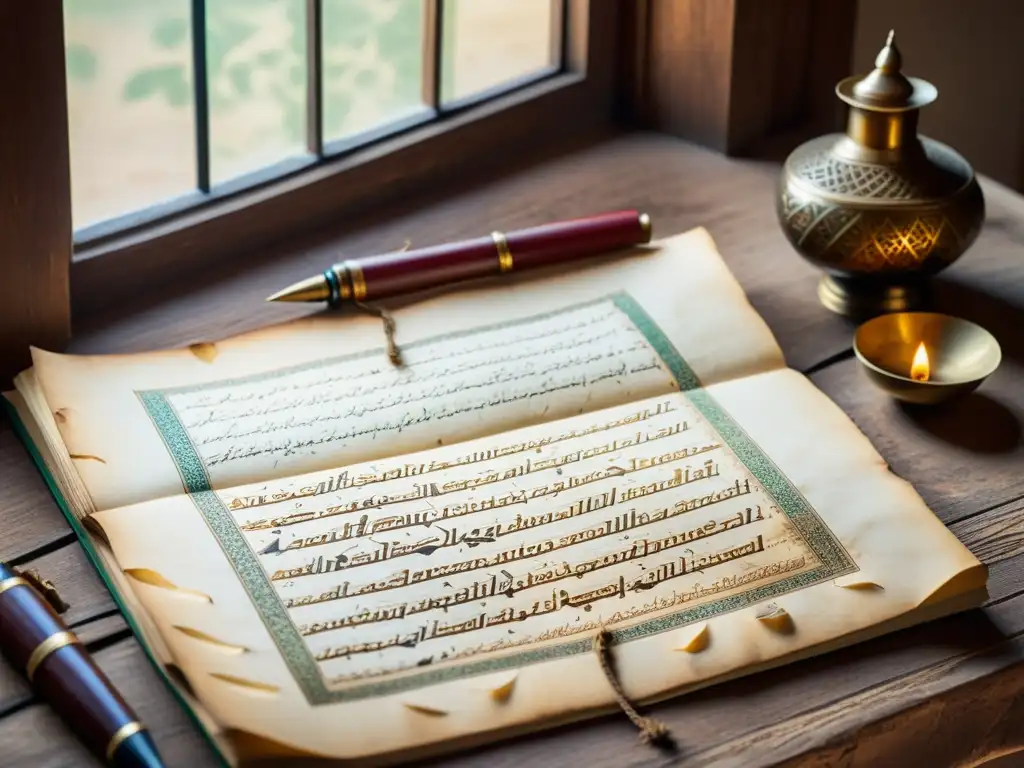 Manuscrito islámico antiguo iluminado por luz natural