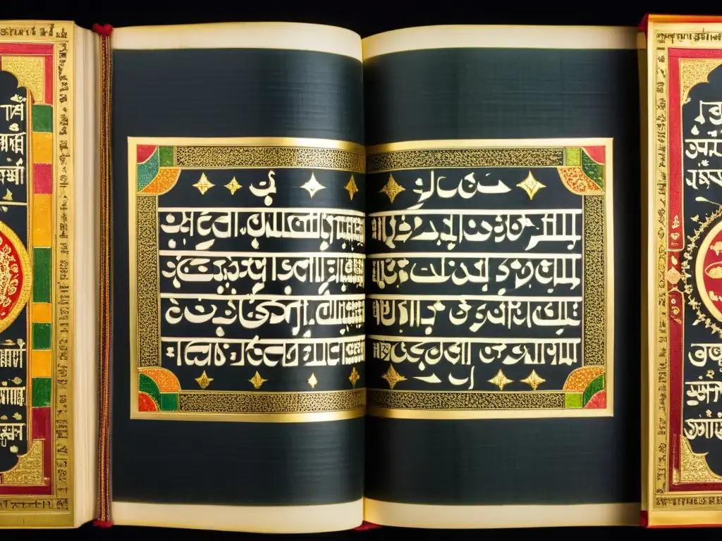 Manuscrito jainista contemporáneo de relevancia cultural y artística, detallando la caligrafía y colores vibrantes en fondo oscuro