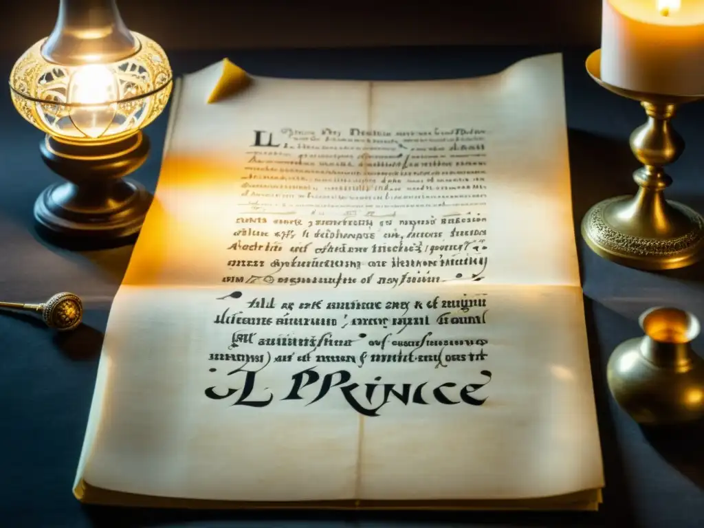 Manuscrito de 'El Príncipe' de Niccolò Machiavelli, evocando poder y ética en filosofía en un entorno académico iluminado tenue