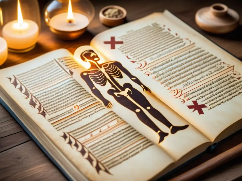 Manuscrito médico antiguo con enfoque filosófico curación Avicena, ilustraciones detalladas y caligrafía, iluminado por suave luz cálida