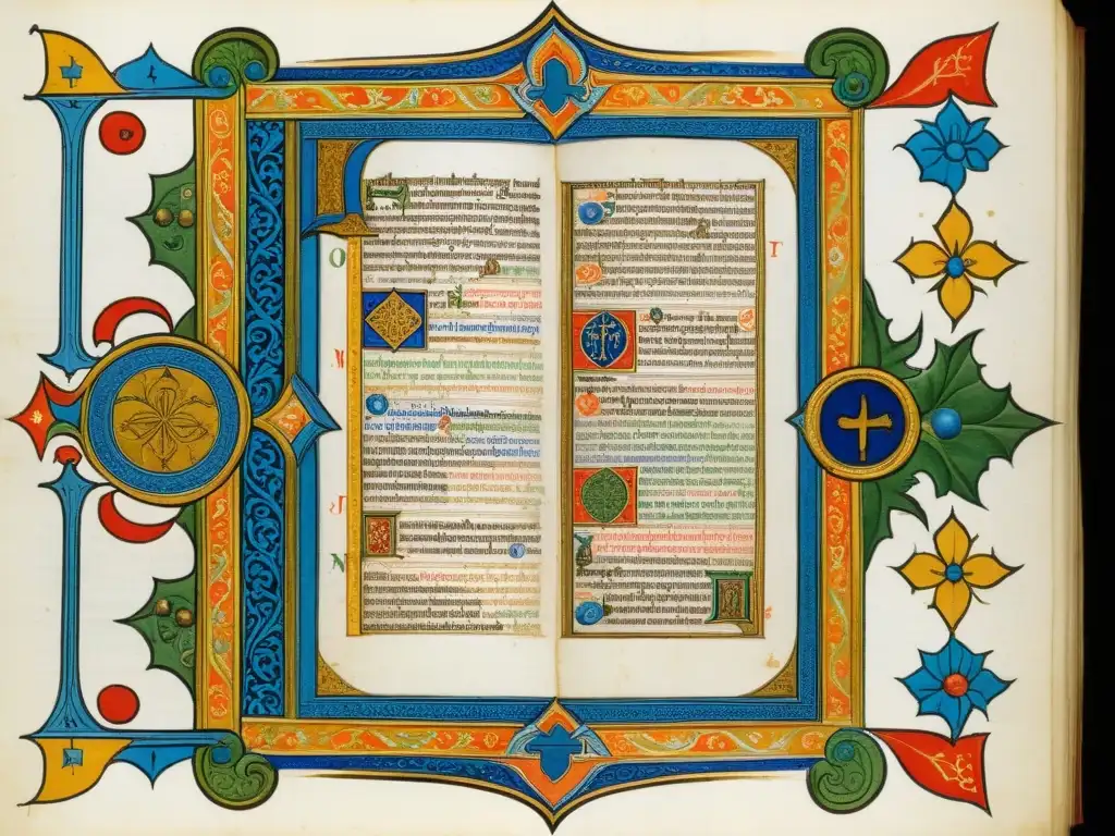 Manuscrito medieval detallado con caligrafía e ilustraciones coloridas que fusionan fe y razón en la historia de la filosofía occidental