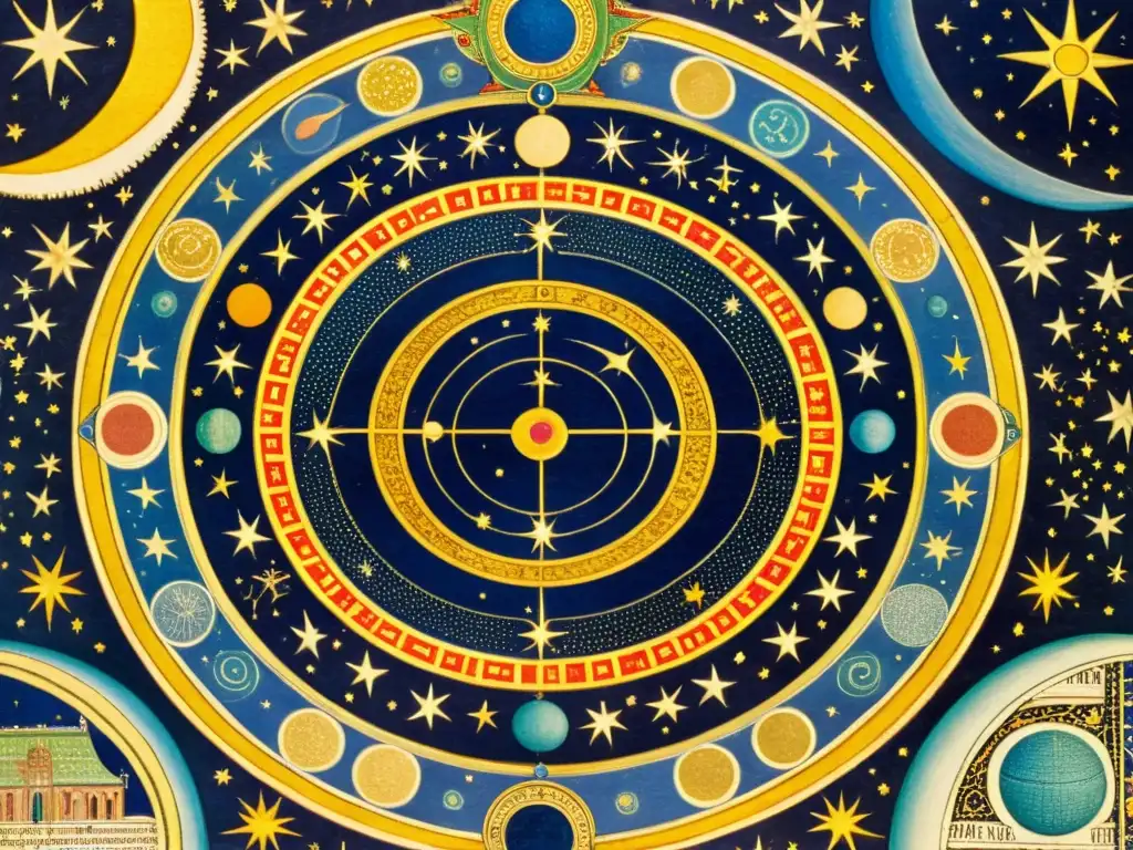 Manuscrito medieval ilustra la filosofía de la naturaleza y cosmos con detalladas ilustraciones celestiales y texto en latín