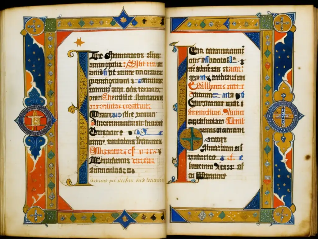 Manuscrito medieval con intrincada caligrafía y detalladas ilustraciones sobre libre albedrío y predestinación en teología medieval