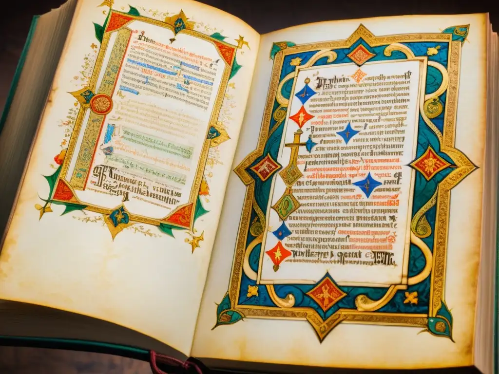 Manuscrito medieval en tonos vibrantes, ilustraciones intrincadas y símbolos religiosos
