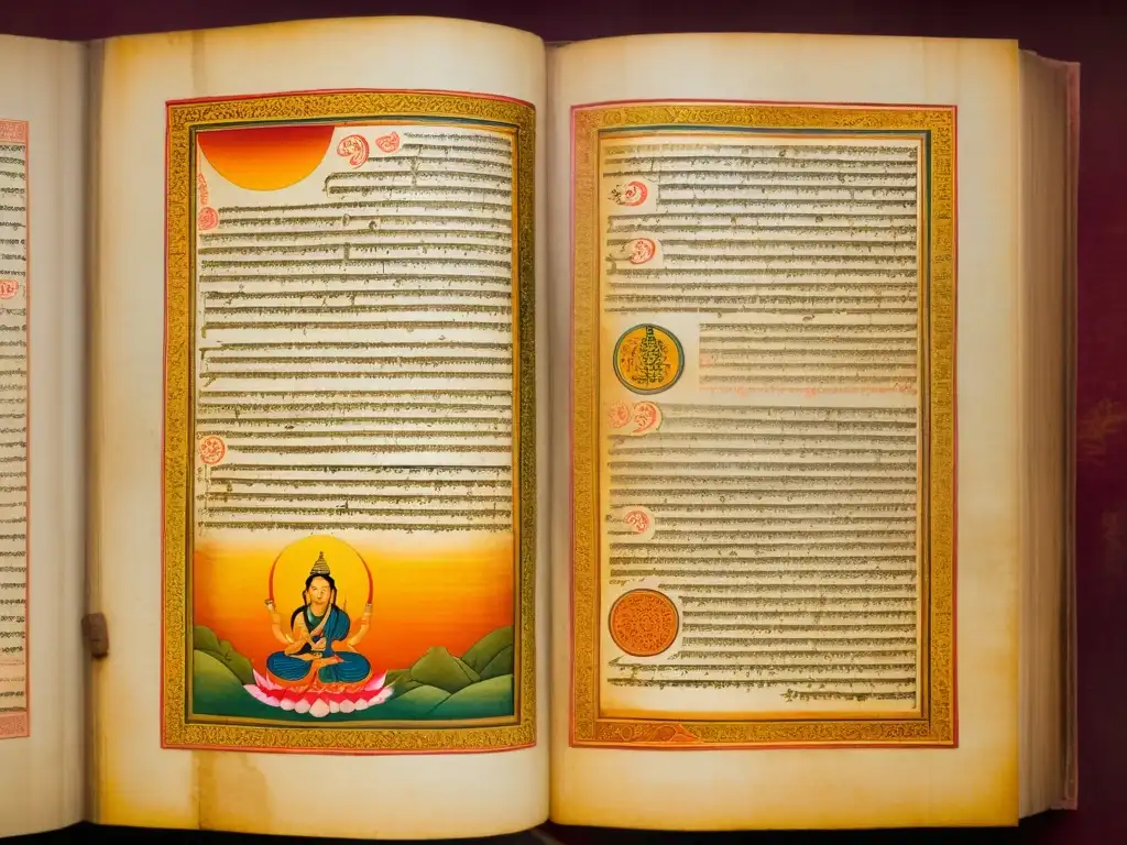 Manuscrito sánscrito antiguo iluminado con escenas de la mitología hindú, evocando el significado del Dharma en Hinduísmo