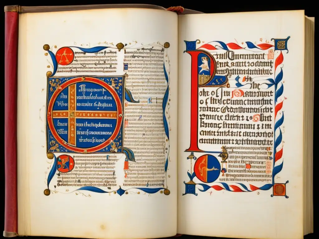 Manuscrito del siglo XIV de Guillermo de Ockham con detallada caligrafía y bellas ilustraciones en pigmentos rojos y azules envejecidos, transmite profundidad histórica