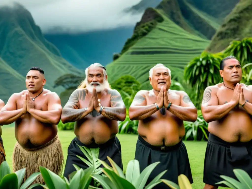 Maoríes realizan haka en reverencia ancestral en filosofía maorí, con montañas y vegetación exuberante al fondo