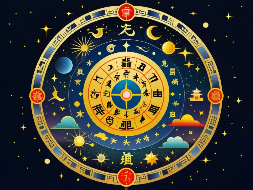 Un mapa celestial chino detallado, con el zodiaco taoísta y constelaciones, rodeado de símbolos dorados en un cielo estrellado