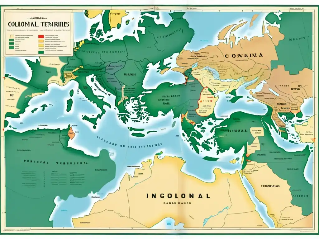 Mapa colonial con artefactos indígenas y documentos históricos, evocando la perspectiva analítica de conflictos postcolonialismo territoriales