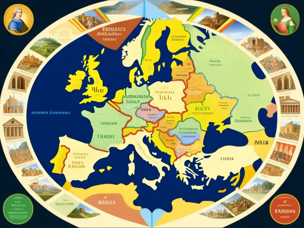 Mapa detallado del Renacimiento fuera de Italia, mostrando la difusión de arte y filosofía por Europa