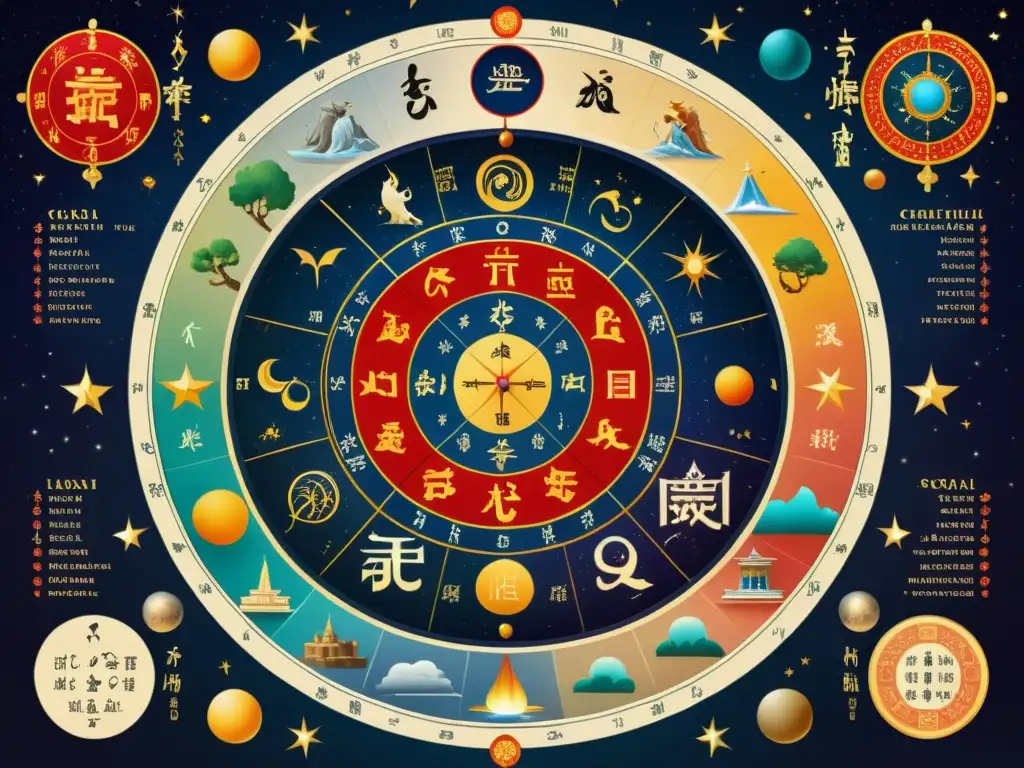 Mapa estelar de astrología taoísta con patrones celestiales detallados, símbolos zodiacales e ilustraciones coloridas