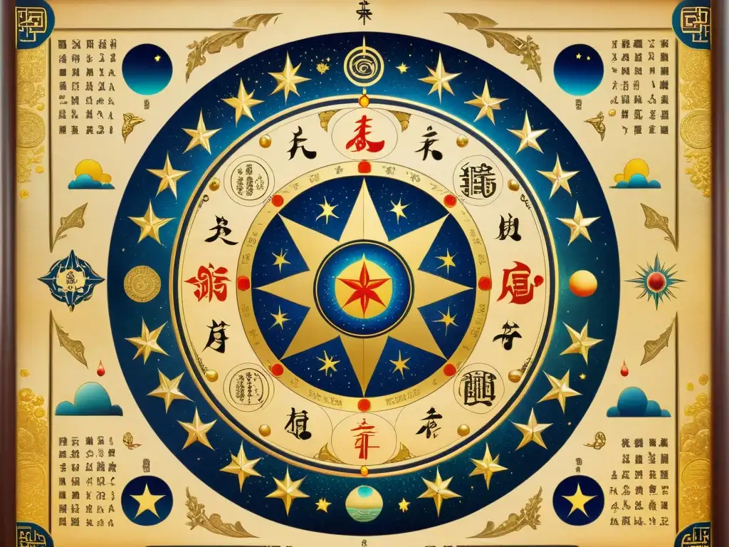 Mapa estelar taoísta detallado en pergamino envejecido, con símbolos celestiales y patrones intrincados, reflejando la astrología taoísta