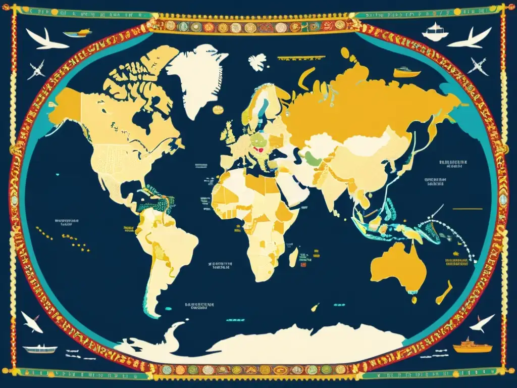 Mapa global: intercambio cultural y comercial Mapa ilustrado de rutas comerciales globales, reflejando tensiones y sinergias postcoloniales y globalización