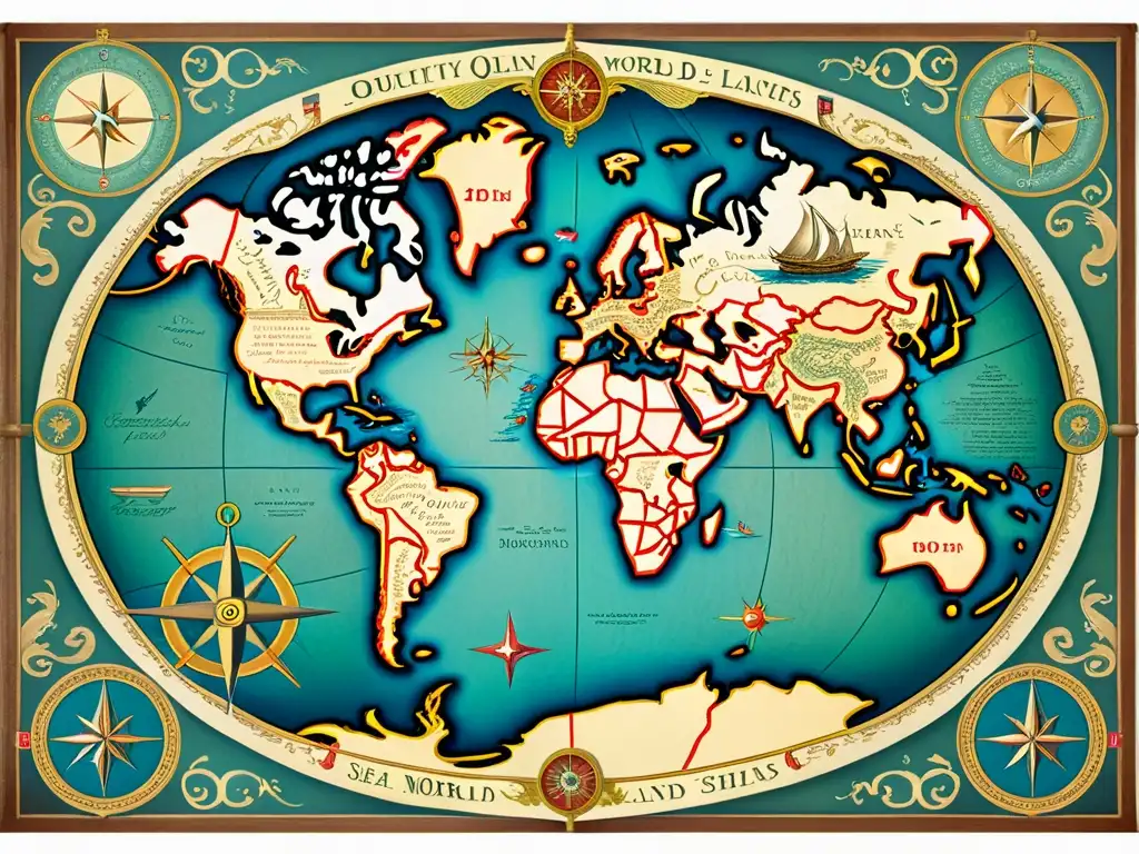 Un mapa mundial renacentista detallado con ilustraciones coloridas de monstruos marinos y barcos