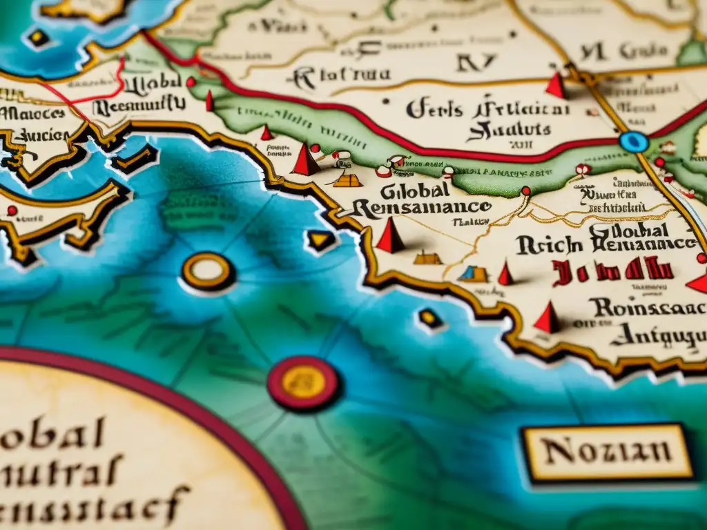 Un mapa renacentista detallado muestra el intercambio cultural global y rutas comerciales