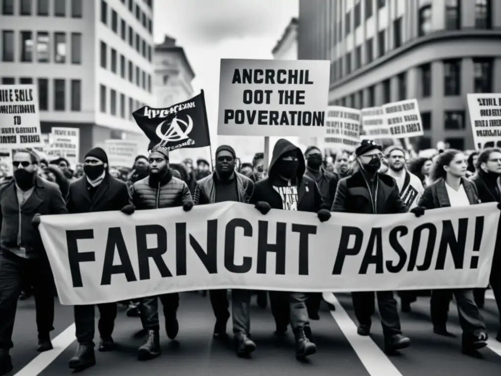 Marcha de anarquistas con pancartas en protesta, reflejando intensidad y determinación