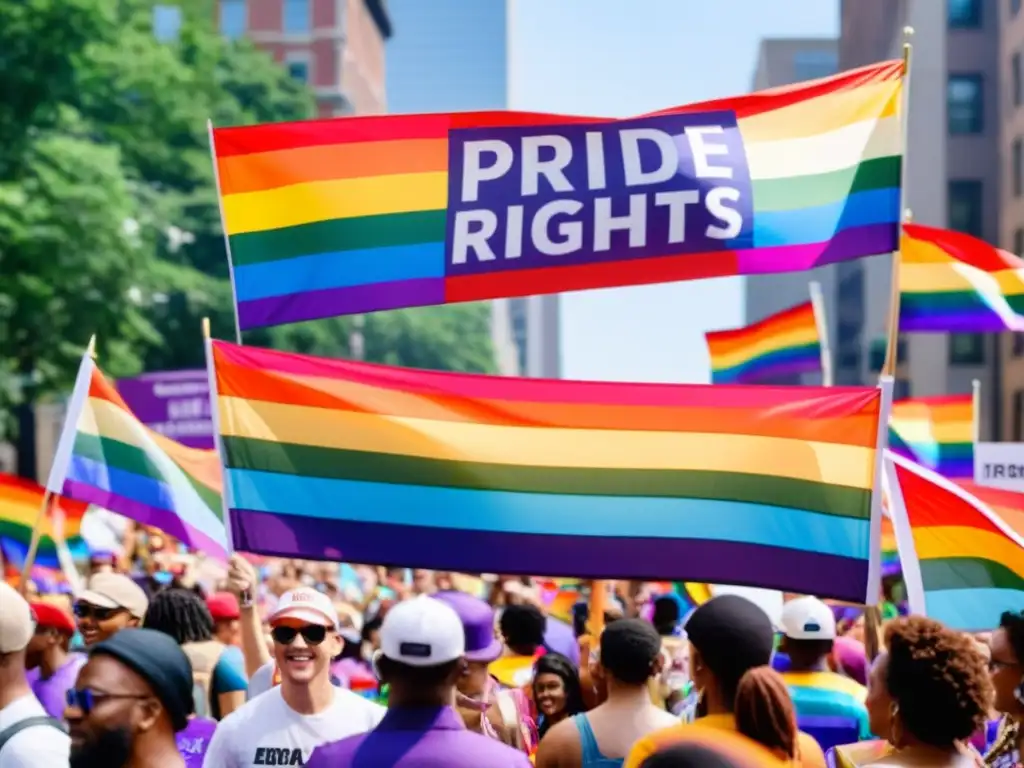 Marcha del orgullo con diversidad de personas, banderas y carteles por los derechos LGBTQ+ y la filosofía queer y derechos legales