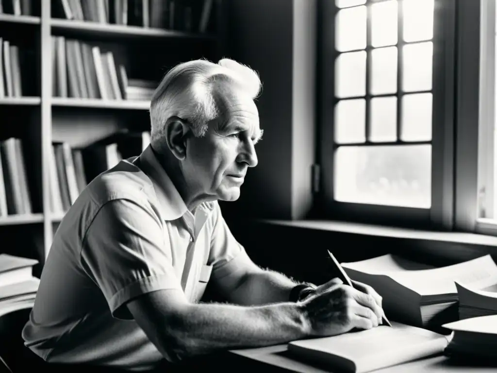 Herbert Marcuse reflexiona sobre 'El hombre unidimensional', rodeado de libros en su estudio