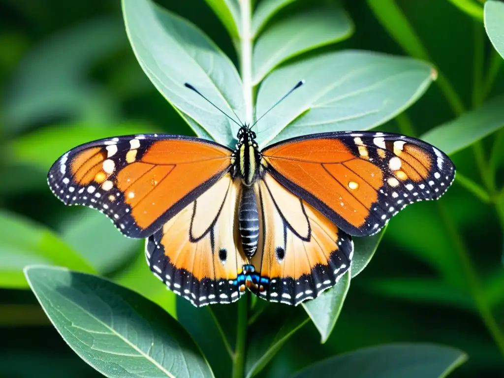 Una mariposa monarca reposa delicadamente en una planta de algodoncillo verde vibrante, con sus alas detalladas y las hojas de la planta en foco