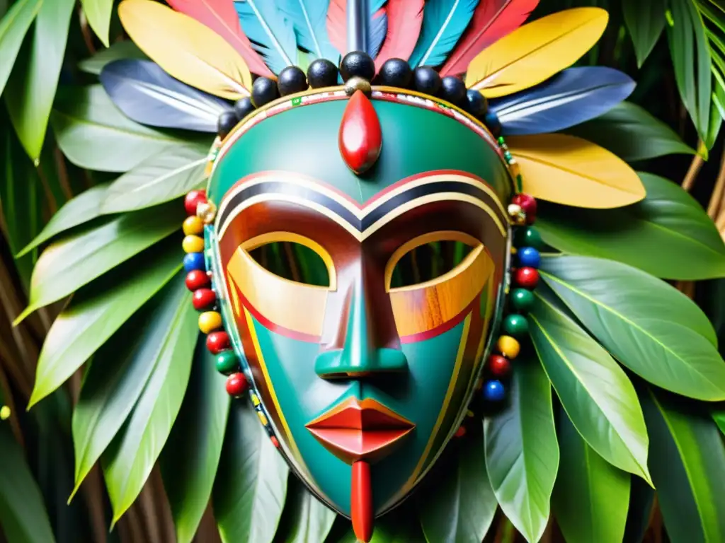 Una máscara africana tallada con detalle, adornada con cuentas y plumas, iluminada por el sol entre la frondosa selva