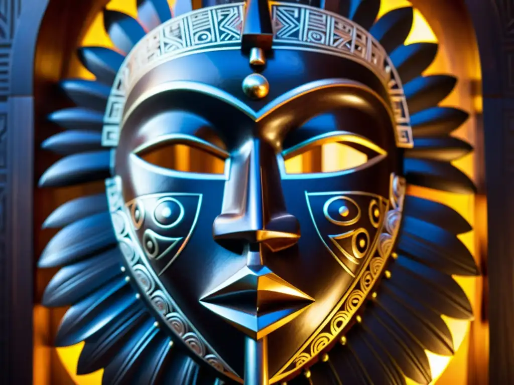 Una máscara africana tallada en madera oscura, con patrones geométricos e iluminada por un rayo de sol, revelando sus detalles y expresión