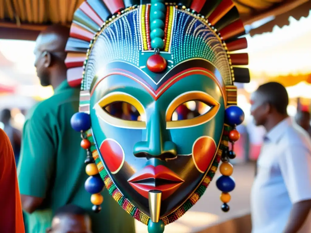 Máscara africana tallada en madera con cuentas y patrones coloridos, en un mercado animado