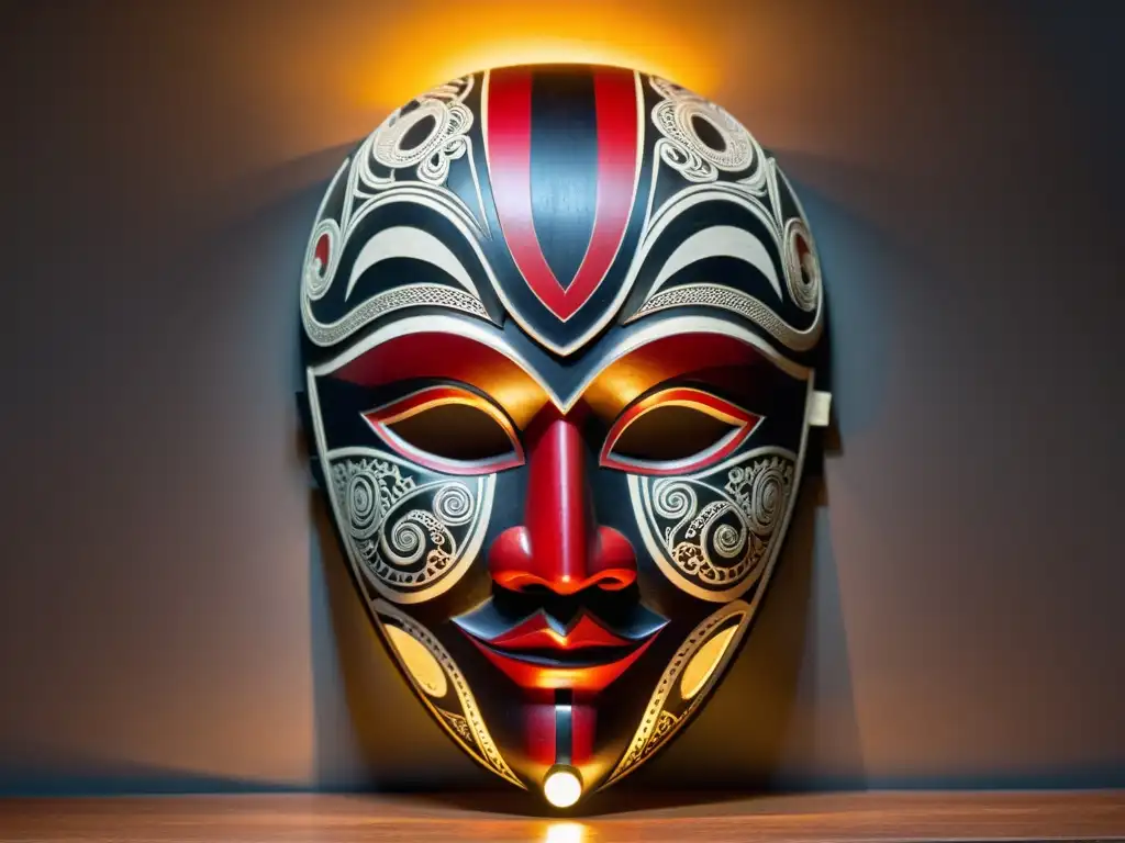 Máscara de madera tallada a mano, con pigmentos rojos, negros y blancos, transmite poder y tradición subsahariana bajo la luz de antorchas