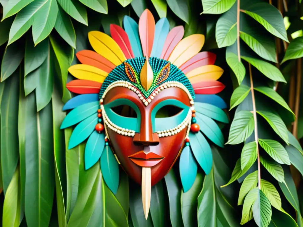 Una máscara de madera tallada a mano con detalles coloridos y plumas, representa una criatura mítica de la filosofía de creación subsahariana