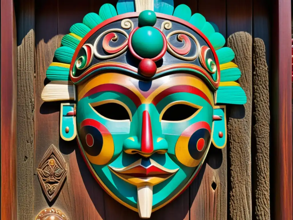 Una máscara de madera tallada con pigmentos vibrantes y marcas simbólicas