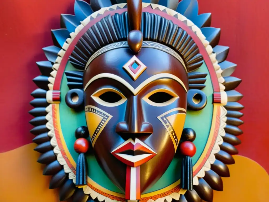 Una máscara de madera tallada con ricos tonos marrones, adornada con símbolos de la filosofía de creación subsahariana