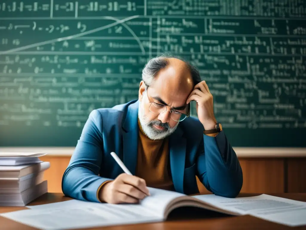 Un matemático concentrado en la resolución de una compleja prueba, rodeado de papeles con ecuaciones e diagramas