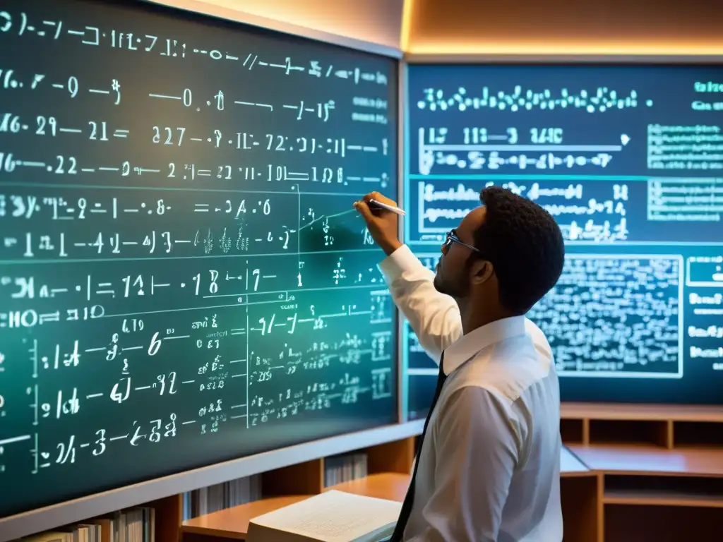 Un matemático concentrado en su trabajo rodeado de libros, instrumentos científicos y pantallas con gráficos