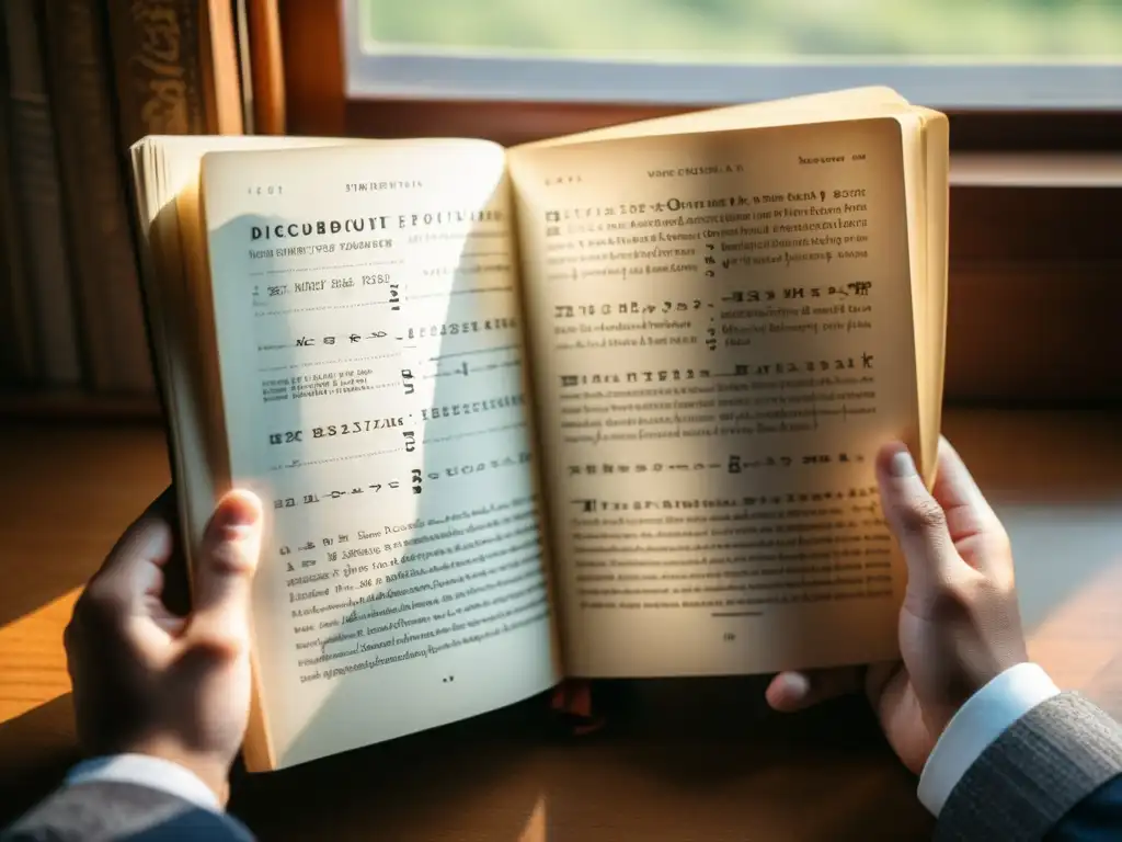 Un matemático examina con detalle un libro antiguo lleno de ecuaciones y diagramas, iluminado por la suave luz que entra por la ventana