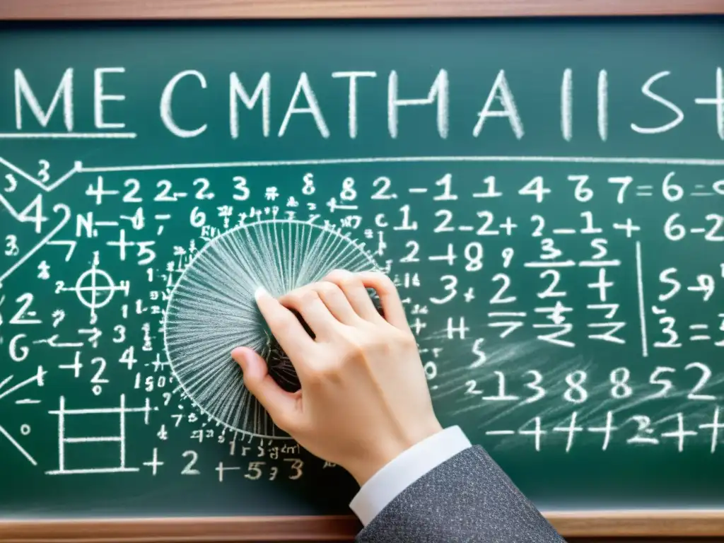 Un matemático inmerso en la compleja Filosofía Matemática Mundial Contemporánea, rodeado de libros y símbolos, resolviendo ecuaciones en una pizarra