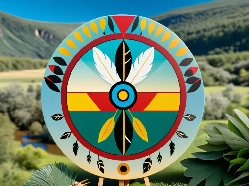 Medicina ancestral nativa: rueda de la salud y equilibrio con colores vibrantes y símbolos, en paisaje natural sereno