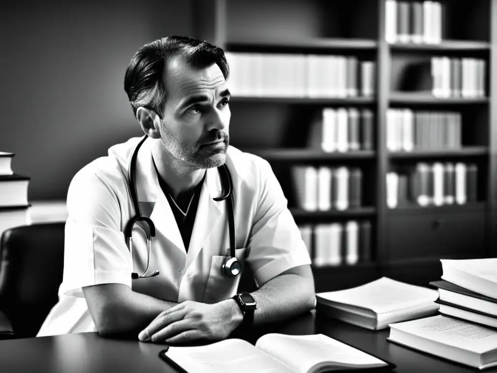 Un médico reflexivo en su consultorio rodeado de libros y papeles, representa la ética en la toma de decisiones médicas