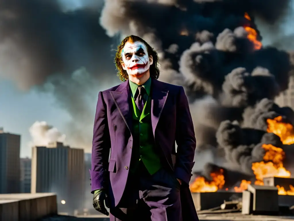 El Joker en medio del caos de la ciudad, una representación visual de la relación entre poder y moralidad en 'The Dark Knight