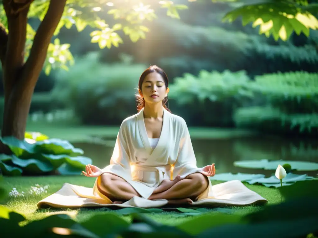 Un meditador Jainista en posición de loto, inmerso en la tranquilidad de un jardín sereno, practicando técnicas de meditación Jainista Kaivalya