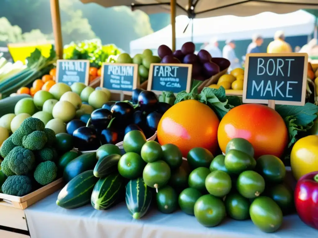 Un mercado de agricultores rebosante de frutas y verduras frescas, resaltando la belleza natural de los productos