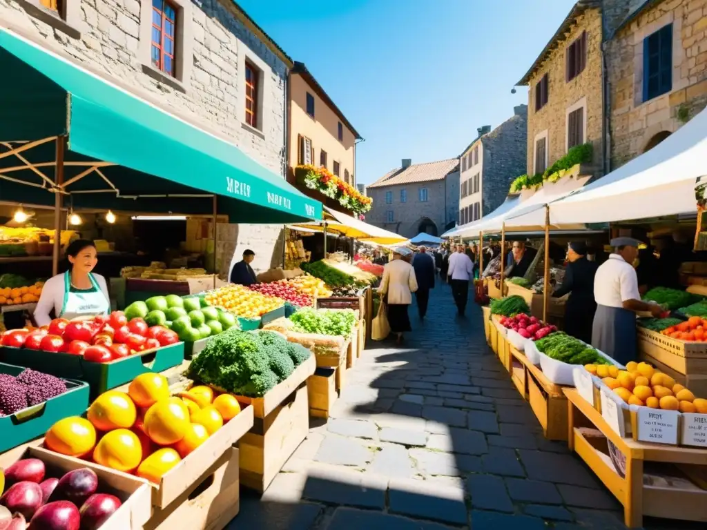Un mercado al aire libre bullicioso, lleno de frutas y verduras coloridas, con vendedores sonrientes y una atmósfera vibrante