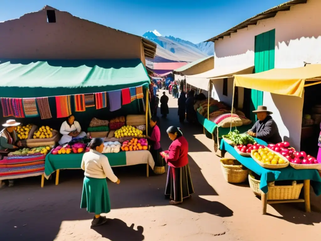 Un mercado andino bullicioso, con vendedores indígenas y coloridos textiles
